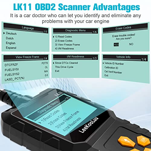 OBD2 Scanner Ease Setup Plug-Play: Clear Reset Engine Error Code Professional Code Reader Diagnostic Scan Tools with Freeze Frame/I/M Readiness for All Cars Since 1996 &amp; Newer - LK11