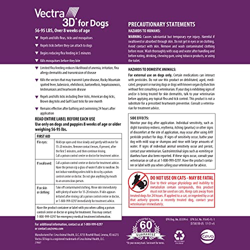 Vectra 3D for Dogs Flea, Tick & Mosquito Treatment & Prevention for Large Dogs (56 to 95 lbs) , 3 month supply