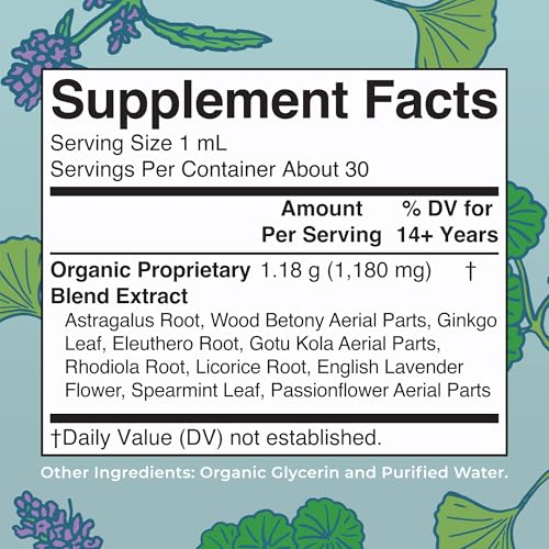 Nootropic Focus Supplement for Adults | USDA Organic Brain Supplement with Ginkgo Biloba &amp; Astragalus | Focus &amp; Adrenal Support | Brain and Memory Drops | Vegan | Non-GMO | Gluten Free | 30 Servings