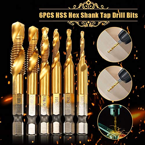 Drill Tap Kit, 6pcs Combination Drill and Tap Bit Set, Metric Thread M3-M10 Screw Tapping Tool 1/4 Hex Shank, Spiral Flutes Design