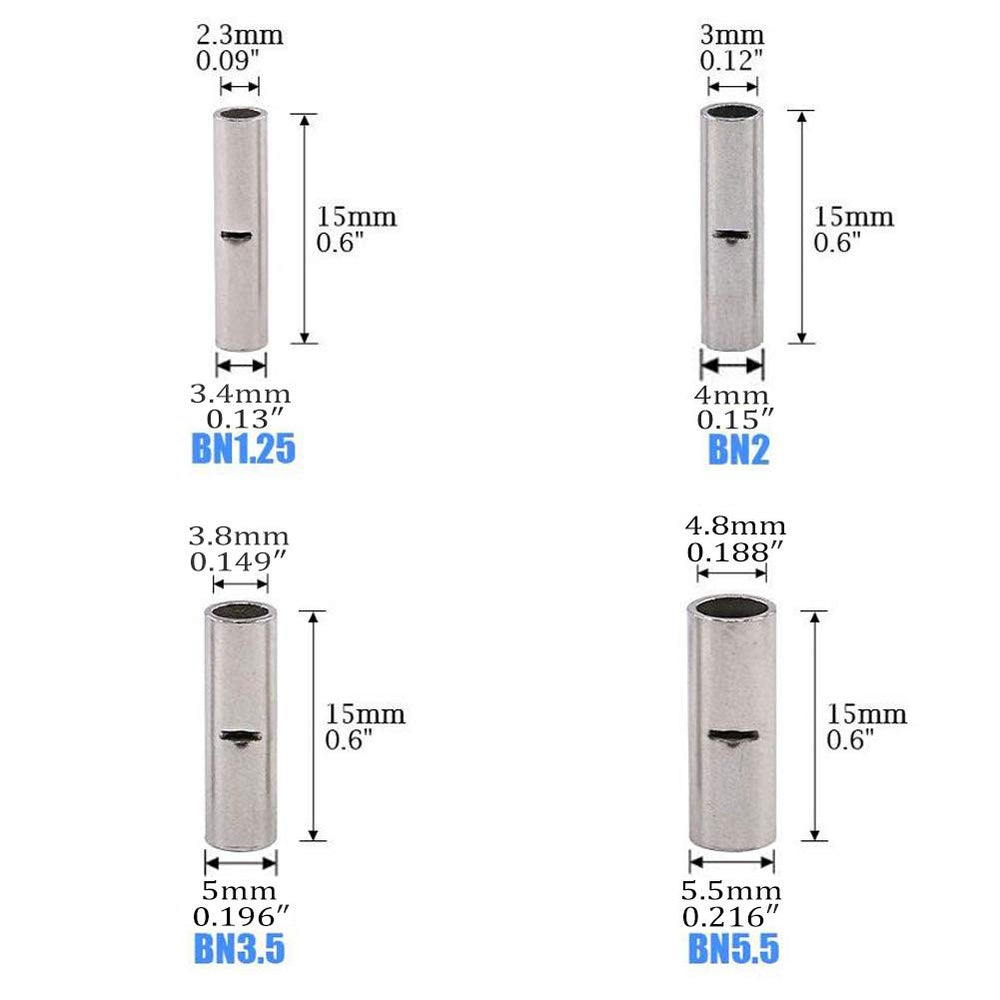 100 Pcs Non-Insulated Butt Connectors AWG 12-10 Uninsulated Butt Connectors Electrical Wire Crimp Ferrule Terminals