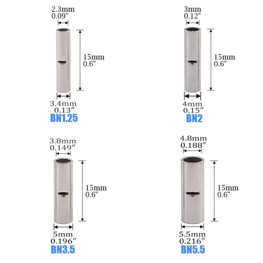 100 Pcs Non-Insulated Butt Connectors AWG 12-10 Uninsulated Butt Connectors Electrical Wire Crimp Ferrule Terminals