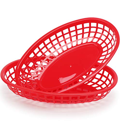 6Pcs Red-Oval Plastic Fast Food Serving Baskets, 9.4in x 5.9in, Great for Burgers, Fries, Sandwiches, Dishwasher and Microwave Safe