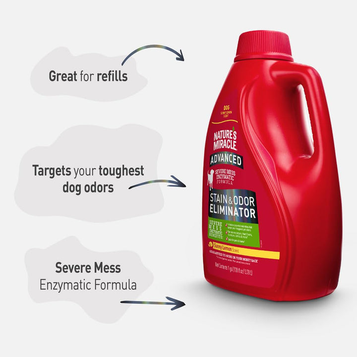 Nature’s Miracle Advanced Stain &amp; Odor Eliminator, Sunny Lemon Scent, Severe Mess Enzymatic Formula For Tough Pet Messes, 1 Gallon