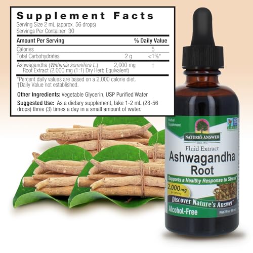 Nature&#39;s Answer Ashwagandha Root | Herbal Supplement Maintain Healthy Immune Function | Supports Body Against Stress | Gluten-Free, Alcohol-Free &amp; Vegan 2oz