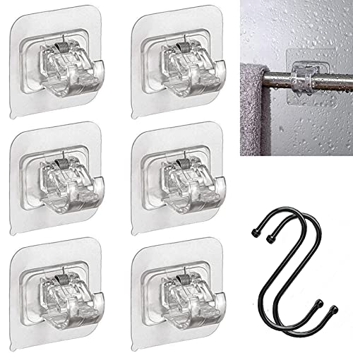 No Drill Curtain Rod Brackets 6 Pcs Curtain Rod Holder Self Adhesive Nail Free Adjustable Rod Bracket Transparent Fixing Hook for Hanging Curtains Towels Bath Towels Coats(2 Black S-Hooks Included)