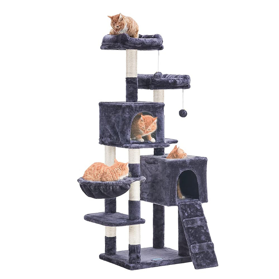 58'' Multi-Level Cat Tree Condo Furniture with Sisal-Covered Scratching Posts, 2 Plush Condos, Hammock for Kittens, Cats and Pets Smokey Gray MPJ013G