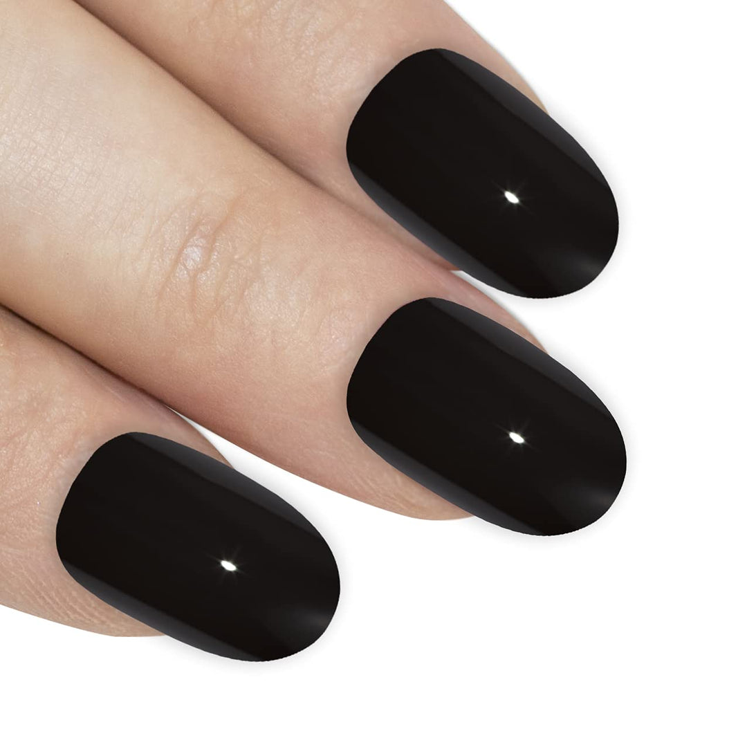 Oval False Nails Fake Acrylic Polished Black 24 Medium Tips with Glue