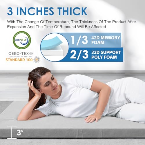 CertiPUR-US Memory Foam Camping Mattress, Portable Roll Up Travel Car Mattress Sleeping Pad &amp; Floor Mattress, Cot Mattress Guest Bed for Sleepover with Waterproof Cover &amp; Travel Bag