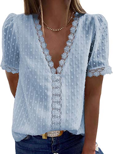 Womens Cute Tops Summer Chiffon Blouse Short Sleeve Pom Pom Jacquard Shirt Sky Blue XX-Large