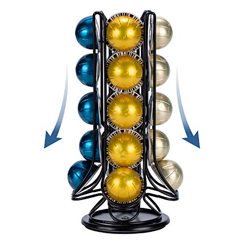 Coffee Pod Holder Carousel Stand Storage for Nespresso Vertuoline, Small Size 360-Degree Rotation WIre Metal Black (20 Pods)