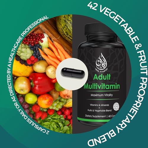 Iman Vitamins Halal Complete Multivitamin Capsules for Adults Men & Women | 42 Fruit & Vegetable Blend with Iron, Zinc, CoQ10, Folic Acid, and Vitamin A, B1, B3, B6, B12, C, D3, E | 60 Count