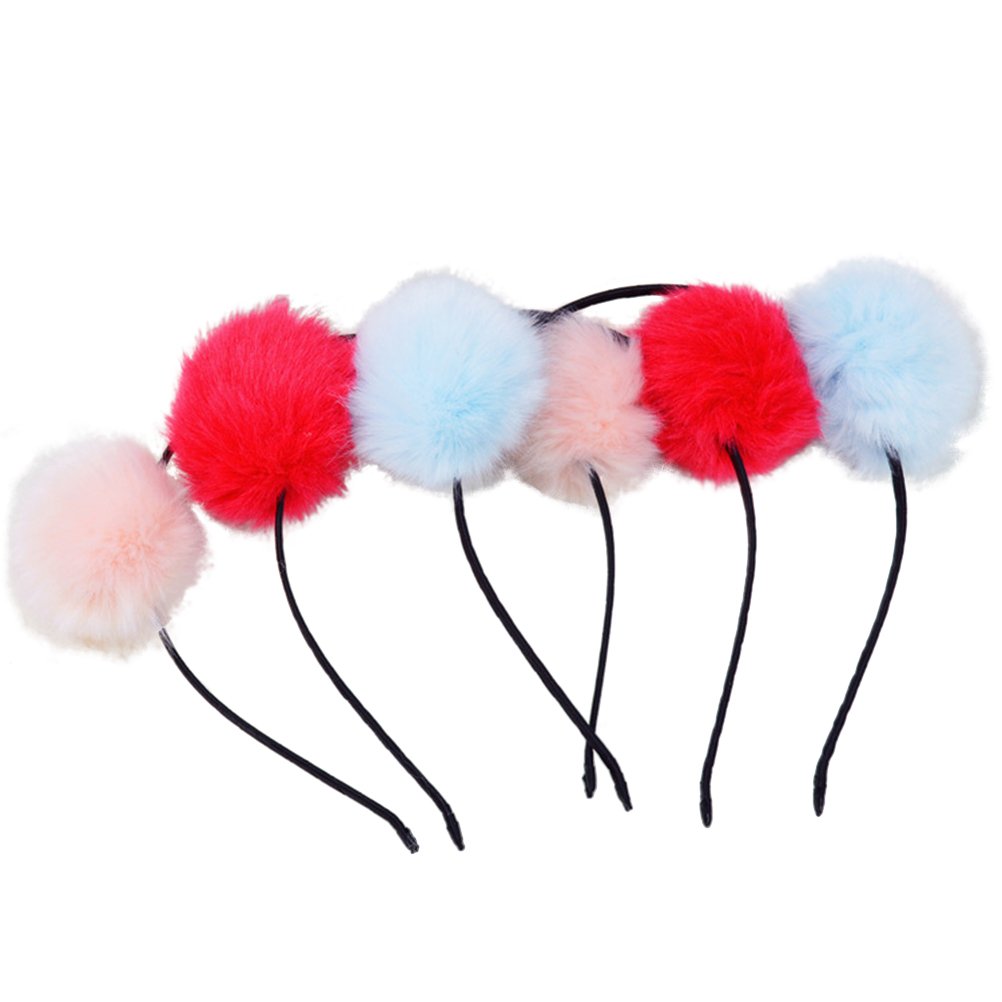 Frcolor Fuzzy Pom Pom Ball Hair Hoop Cat Ear Headband for Kids Girls (Sky Blue, Pink and Red, 3 Pieces)
