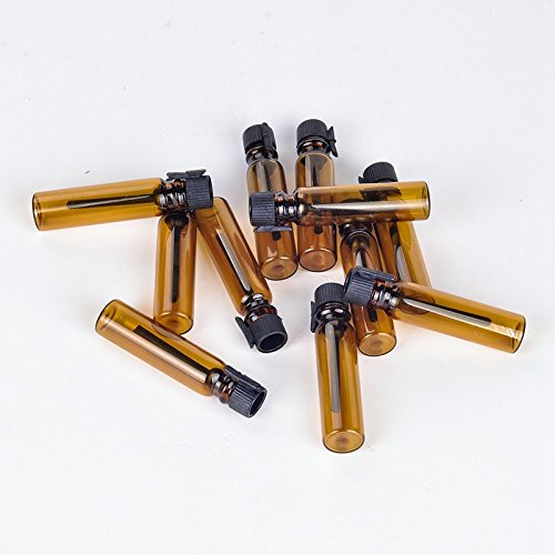 100Pieces Amber Glass Mini Small Empty Perfume Sample Bottles Travel Refillable Aromatherapy Essential Oils Liquid Fragrance Sample Vials With Black Caps (1ml)