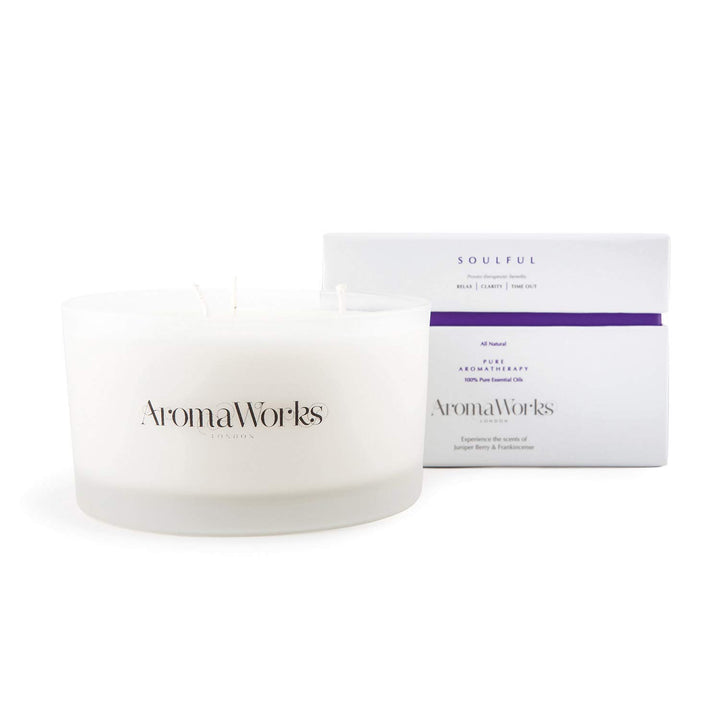 Aromaworks Soulful Candle - Lifts Mood and Invigorates Your Senses - Made with 100% Pure Essential Oils - Features an Exotic, Woody Aroma with Top Note of Frankincense - 3 Wick Large - 14.1 Oz Candle