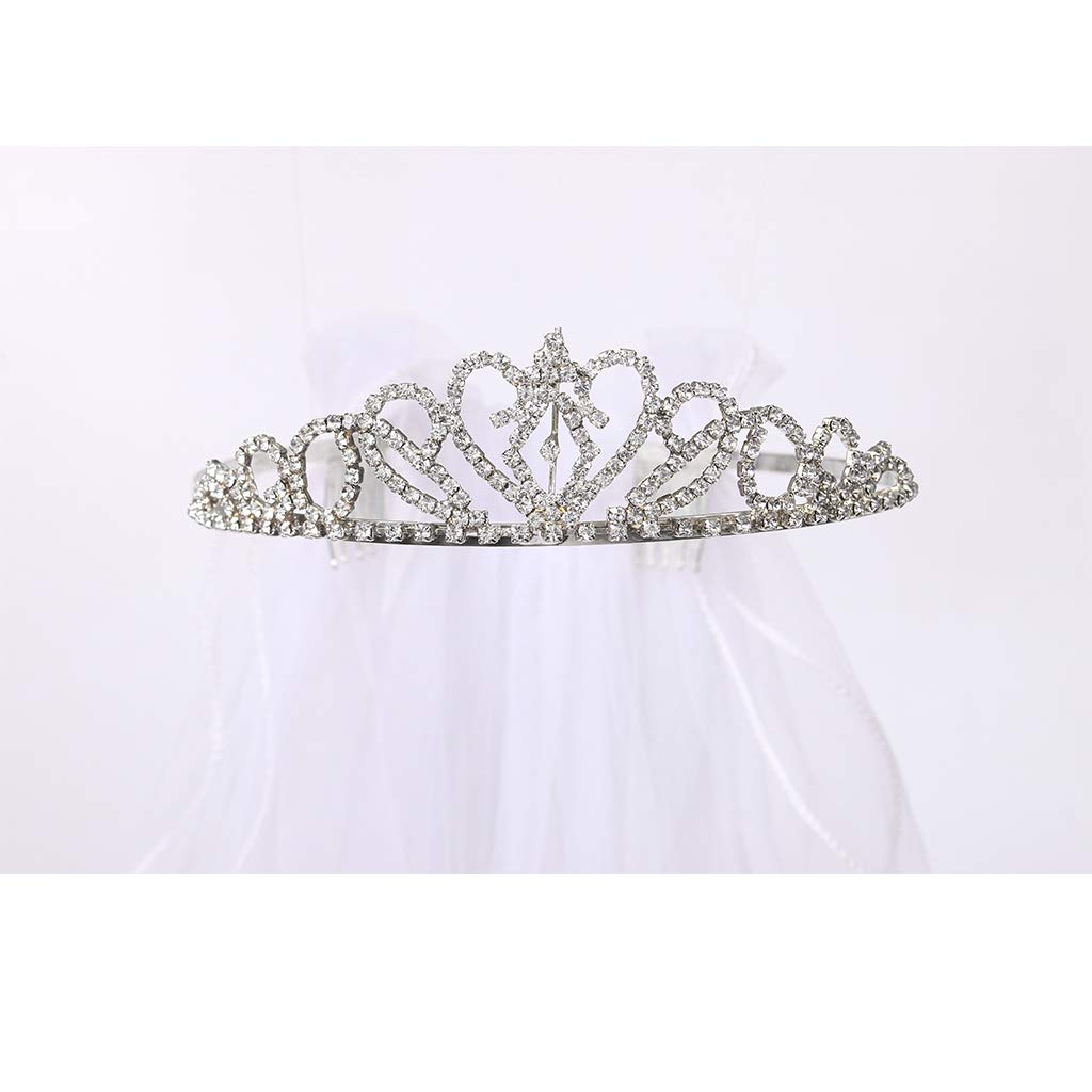 Flower Girls White First Communion Veil Headband with Bow (60cm/24 inch, Rhinestone Crown)