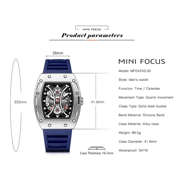 Watch for Men Wristwatch Fashion Hollow Big Dial Luminous Waterproof Sport Analog Quartz Business Mens Watches Blue Silicon Strap Dress Watch