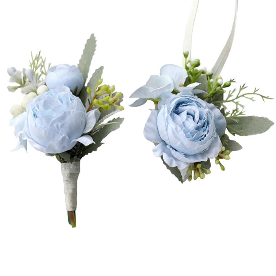 2Pcs Artificial Flowers Wrist Corsage and Boutonniere Set, Groom Groomsmen Bride Bridesmaids Wedding Flowers Accessories Prom Party Suit Decorations - Light Blue