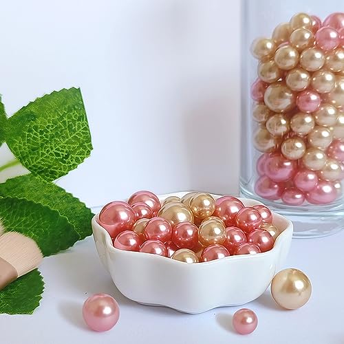 140 Pieces Floating Pearls for Vase Filler Gold Pink Pearl Beads No Hole Pearls Vase Pearls Makeup Beads for Brushes Holder, Home Wedding Decor 10/14mm(Gold and Pink)