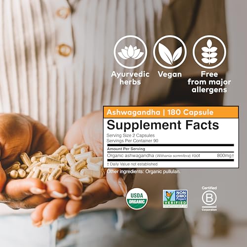 Ashwagandha Capsules - Organic Ashwagandha Supplement - Vegan Ashwagandha Root, Gluten-Free, Kosher, Non-GMO, Supports Stress Relief, Energy, and Sleep - 180 Capsules