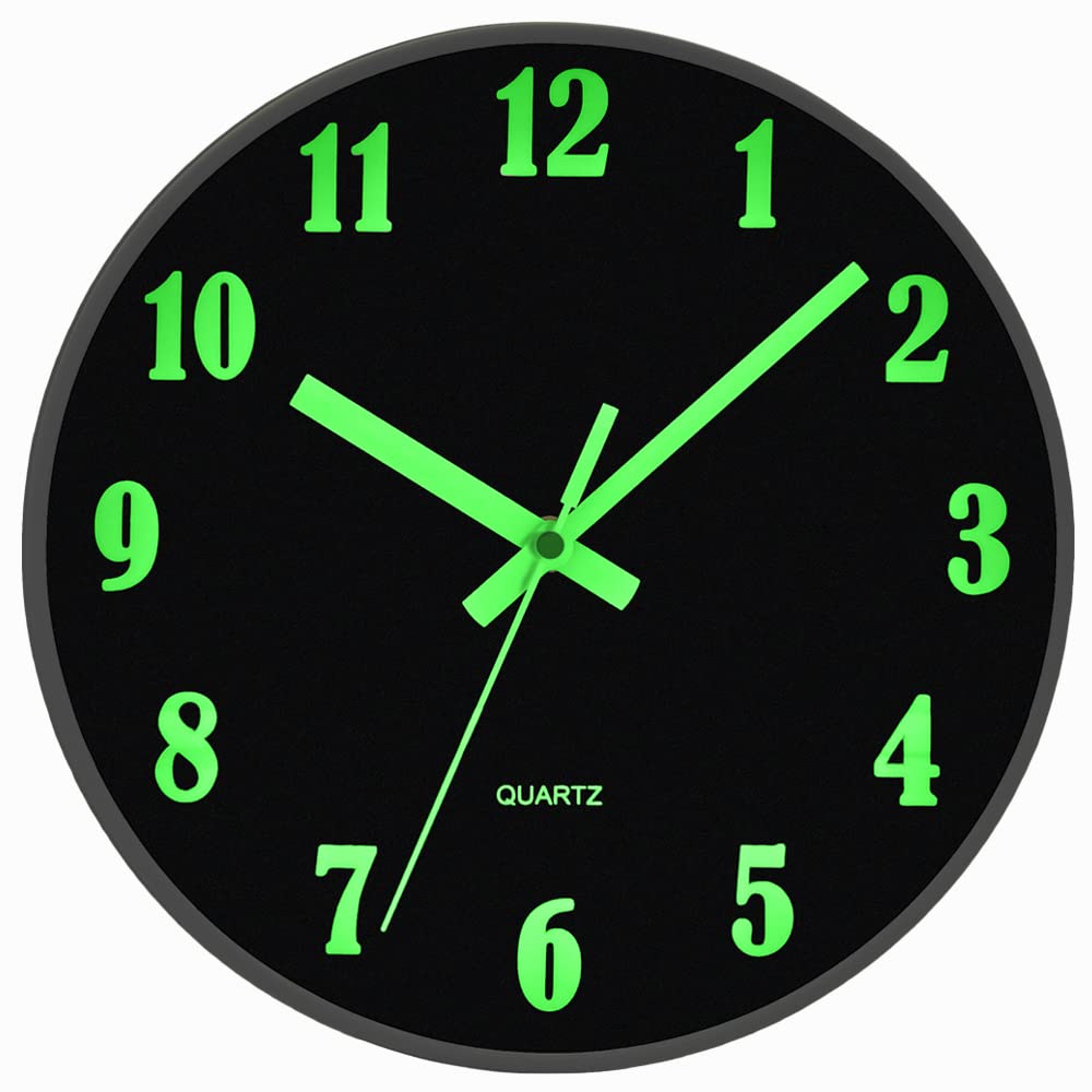 Glow in The Dark Clock, 12 Inch Modern Silent Non Ticking Wall Clocks Battery Operated, Night Light Wall Clock for Living Room Decor, Wall Clock Decorative for Kitchen Bedroom (Green)