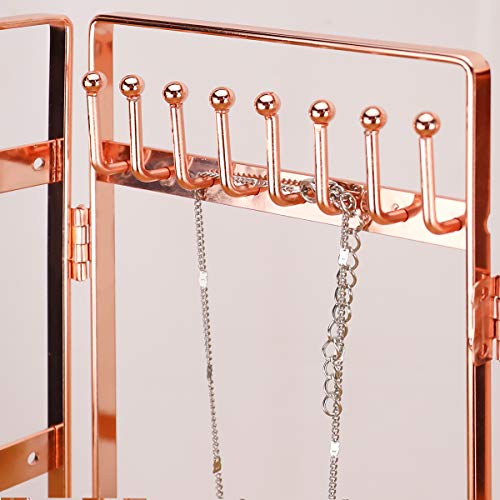 3-Panel Jewelry Organizer, Metal Jewelry Holder, Foldable Jewelry Hanger, Portable Jewelry Display Rack for Earrings, Necklaces &amp; Bracelets (Rose Gold)