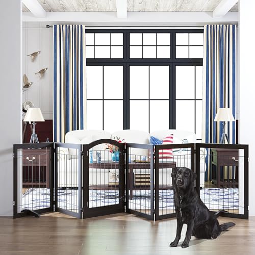144-inch Extra Wide 30-inches Tall Dog gate with Door Walk Through, Freestanding Wire Pet Gate for The House, Doorway, Stairs, Pet Puppy Safety Fence, Support Feet Included, Espresso,6 Panels