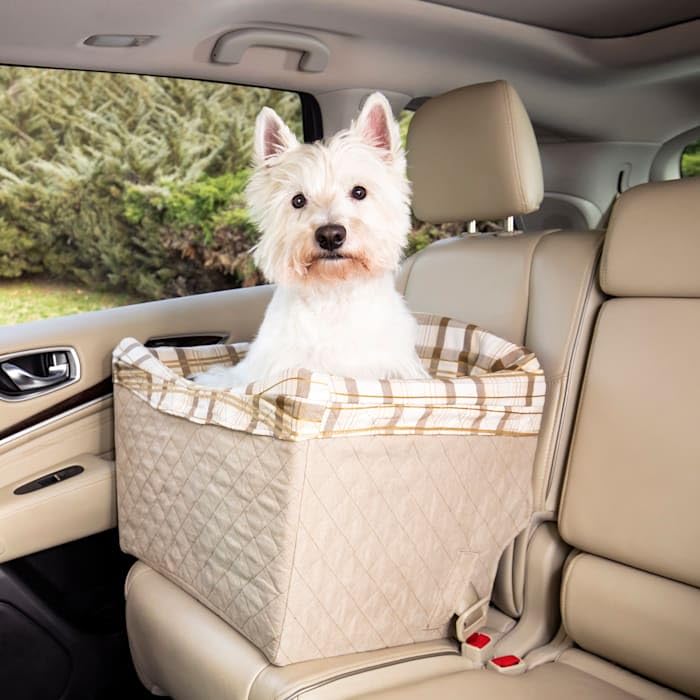 Happy Ride Dog Safety Seat - Pet Booster Seat for Cars, Trucks and SUVs - Included Seat Belt Tether - Durable Liner is Machine Washable and Easy to Clean - Quilted Tan
