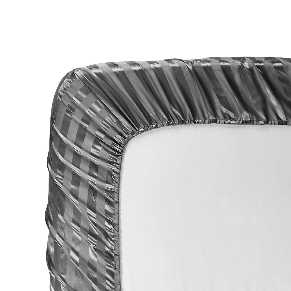 6 Piece Satin Italian Style Bed Sheet Set Deep Pocket Stripes 1800 Luxury Rich Silk 1 Flat Sheet 1 Fitted Sheet 4 Envelope Pillowcases Stain-Resistant Wrinkle Free (King, Grey)