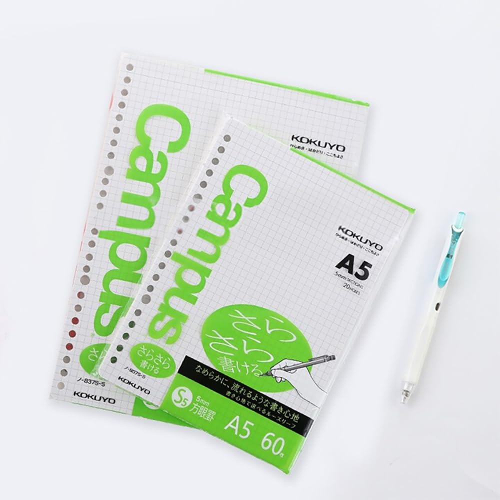 Kokuyo Campus Loose Leaf Paper for Binders, Sarasara Smooth Writing, B5, 5mm Grid Ruled, 26 Holes, 50 Sheets, pH Neutral, Bleed Resistant, 75gsm, Japan Import (NO-837S-5)