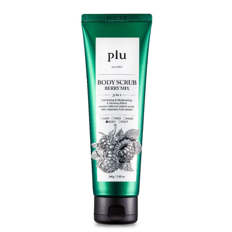 plu Walnut Body Scrub, 3-in-1 Total Care Solution, Exfoliate Moisturize and Glow, 2019 USA Version [Berry Mix/200g]