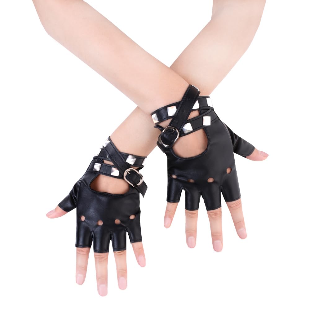 Women Punk Belt Up Half Finger PU Leather Performance Gloves Black