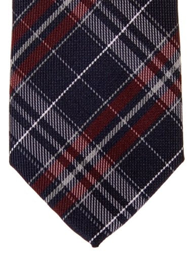 Stylish Plaid Checkered Woven Microfiber Skinny Tie - Navy Blue and Burgundy