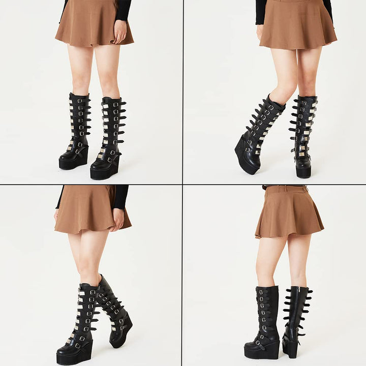 Womens Chunky Platform Knee High Boots High Heel Round-Toe Zip Punk Goth Mid Calf Combat Boots For Women