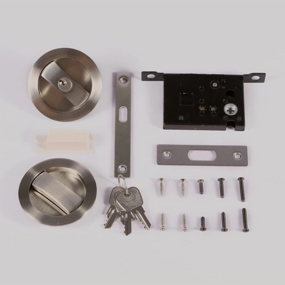 Invisible Barn Wood Sliding Door Gate Cup Handle Lock Hardware with Keys (Sliver (Dia-2.95)