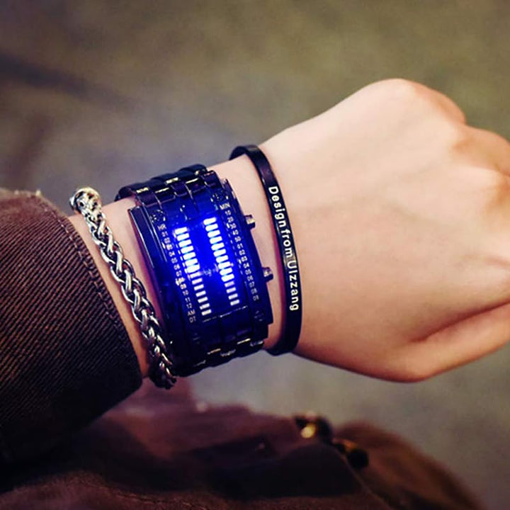 Creative Binary Matrix Blue LED Digital Waterproof Watch Mens Classic Creative Fashion Black Plated Wrist Watches (Black)