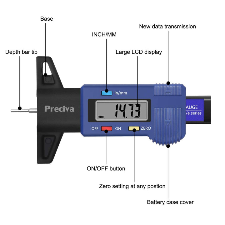 Tire Tread Depth Gauge, Preciva LCD Digital Tire Tread Depth Gauge Tool with Decimal Inch and MM Conversion of 0-1 Inches/ 0-25.4mm(NO 32nds Fraction Inch Display).