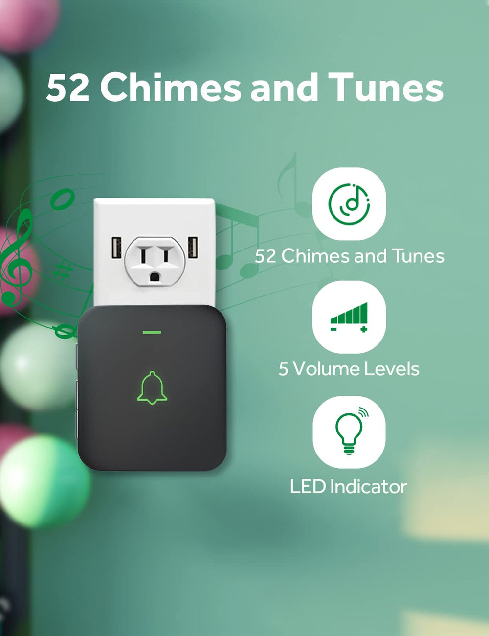 Wireless Door Bell, Mini CB-11 Waterproof Doorbell Chime Operating at 1000 Feet with 52 Melodies, 5 Volume Levels & LED Flash