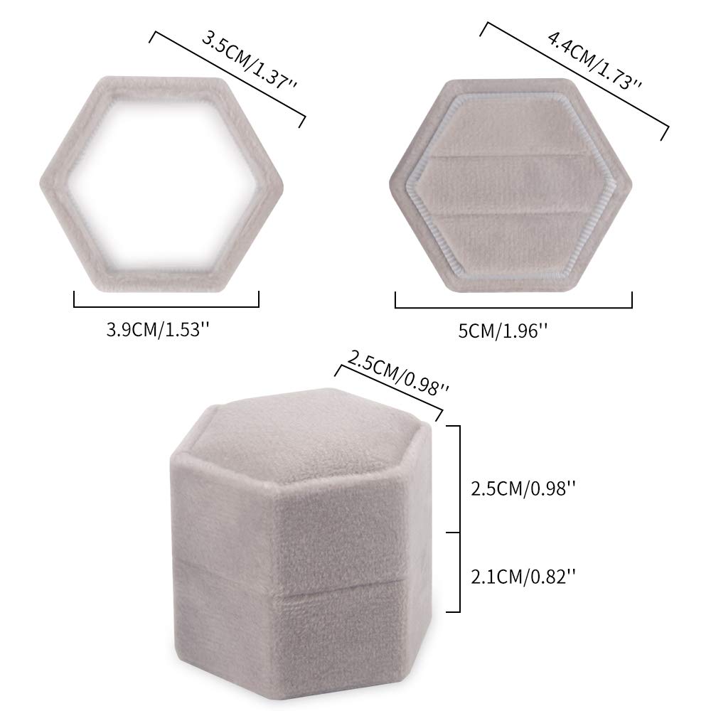 Velvet Ring Box Hexagon - Premium Gorgeous Vintage Double Ring Display Holder with Detachable Lid for Proposal, Engagement, Wedding, Ceremony (Gray)