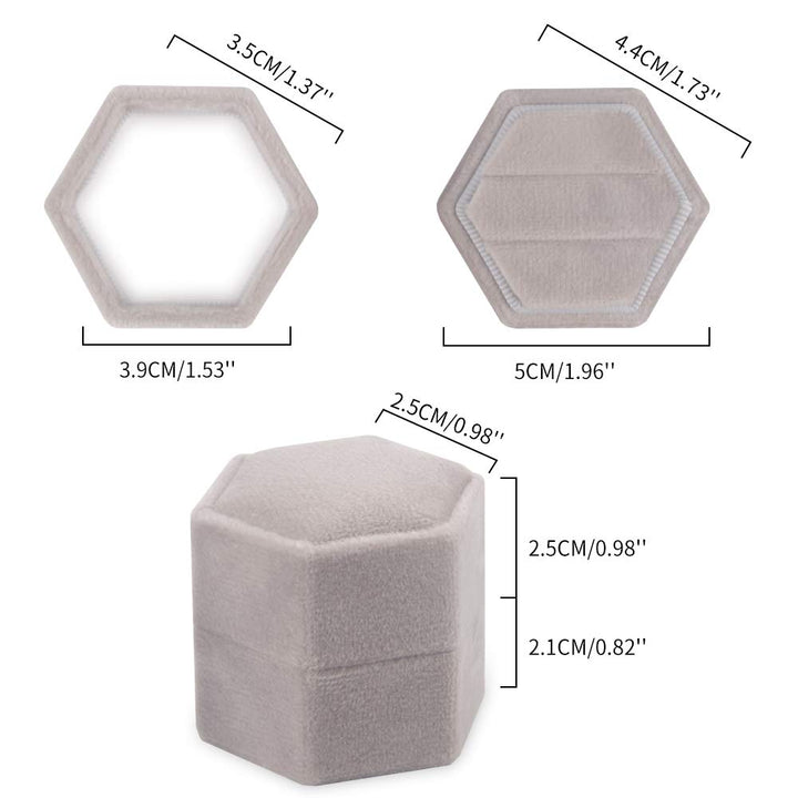 Velvet Ring Box Hexagon - Premium Gorgeous Vintage Double Ring Display Holder with Detachable Lid for Proposal, Engagement, Wedding, Ceremony (Gray)