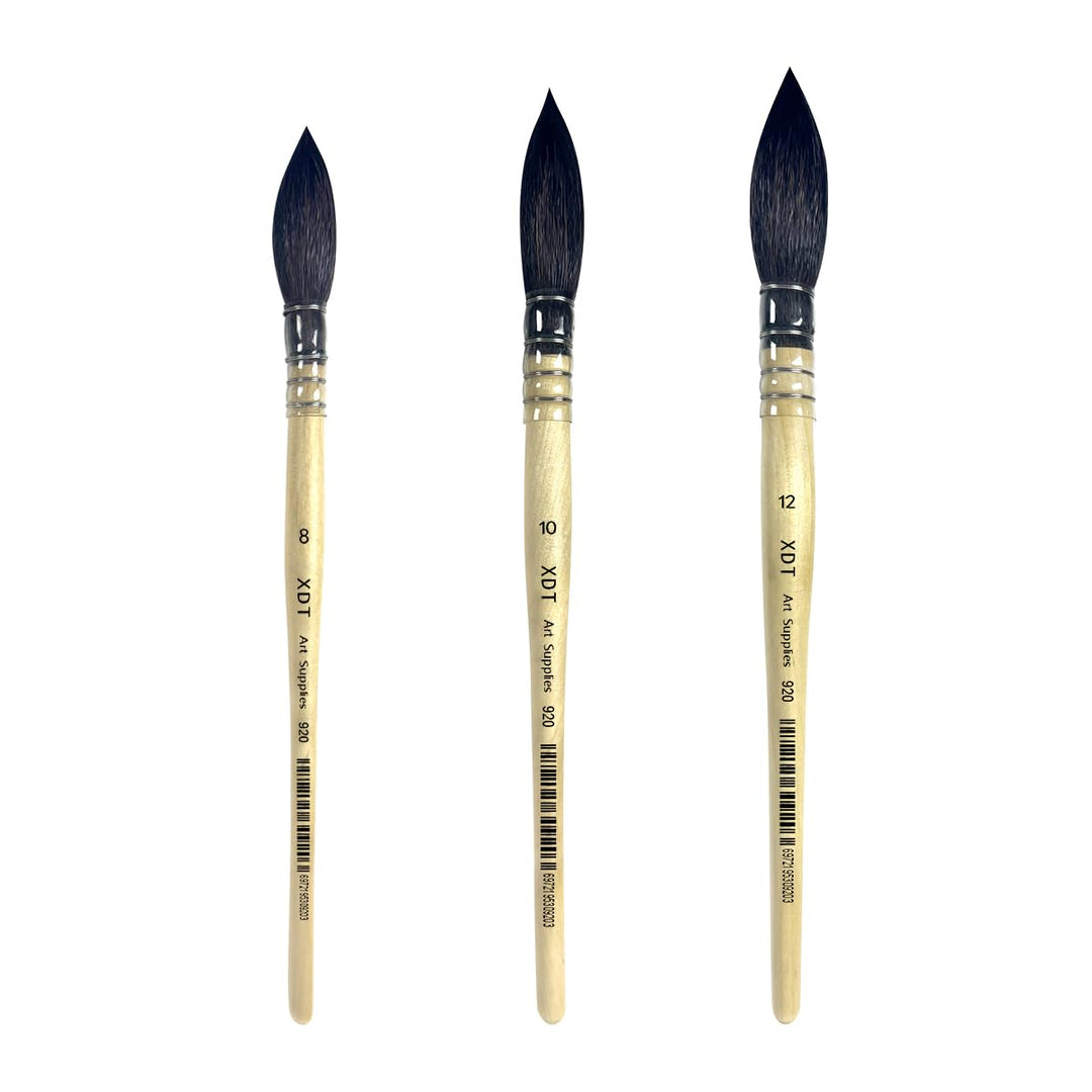 XDT#920 Round Watercolor Artist Paint Brush 3 Piece Set Medium Soft Black Goat Hair Long Handle #8#10#12, Mop Style Paint Brush for Watercolor &amp; Acrylic &amp; Oil