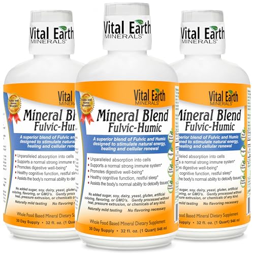 Fulvic Humic Mineral Blend Liquid 3-Pack – Fulvic Acid Supplement with 70+ Trace Minerals, Electrolytes for Recovery, Balance & Energy, 32 Oz Ea + 1 Oz Cup Ea