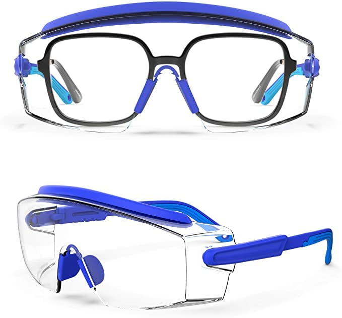 Anti Fog Safety Glasses Safety Goggles Over Glasses Protective Glasses with Anti Scratch Lenses Adjustable Frame And Temples,Clear, Lab Eyewear Goggles for men &amp; Women(Blue 1 Pair)