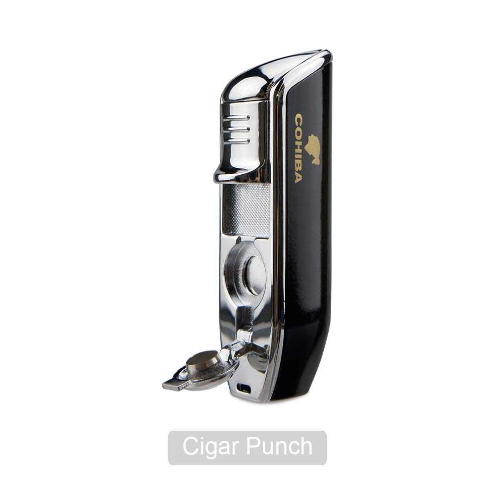 Cigar Torch Lighters Triple Jet Butane Refillable Lighter with Punch Windproof Without Gas(Black)
