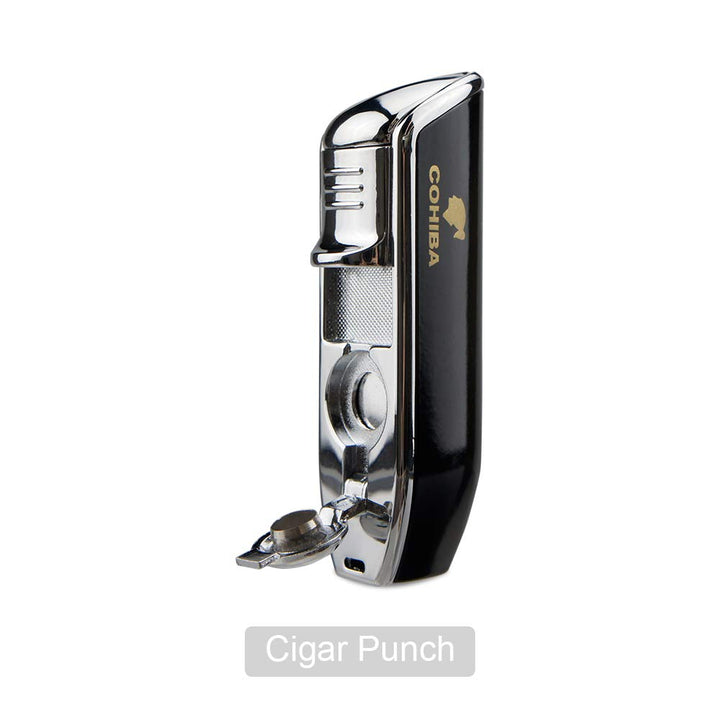 Cigar Torch Lighters Triple Jet Butane Refillable Lighter with Punch Windproof Without Gas(Black)