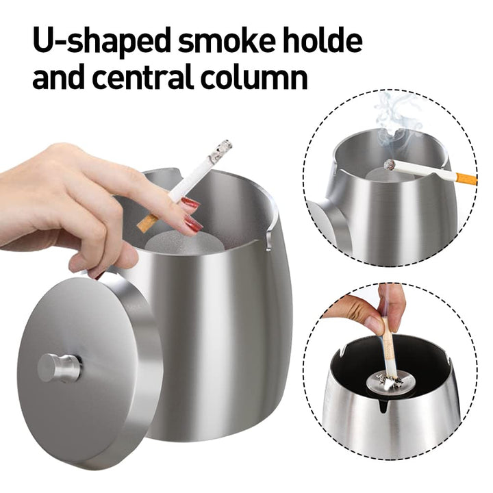 Outdoor Ashtray With Lid For Cigarettes And Cigar Smokers Windproof Rainproof Spill Proof Smokeless Ashtray For Indoor Outside Patio ( Large), Silver