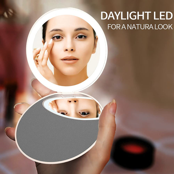 Yiculkw Compact Travel Mirror LED Travel Makeup Mirror, 3.5 inch Rechargeable led Lighted Makeup Mirror, 2X Magnification, Handheld, Double Sided, Portable Folding Mirror for Pocket, Purse, Gift