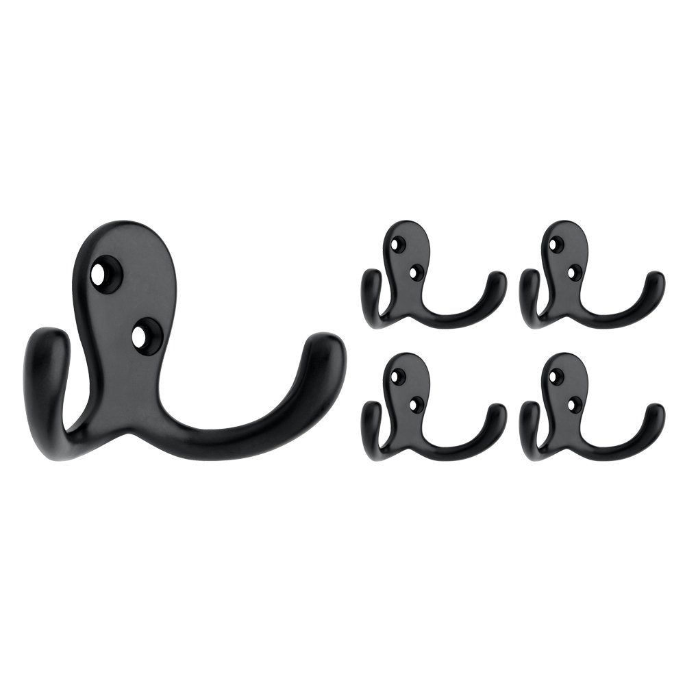 (5-Pack) Double Wall Hooks 2-Prong Coat/Hat Matte Black Hooks for Hanging Wall Mount Hanger Clothes, Purse, Bag, Towel Organization Decorative Wall Hooks B59104M-FB-C