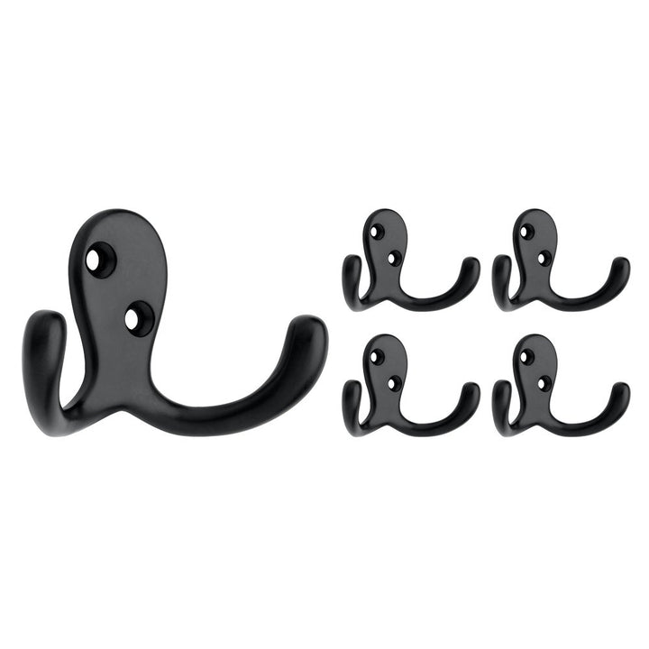 (5-Pack) Double Wall Hooks 2-Prong Coat/Hat Matte Black Hooks for Hanging Wall Mount Hanger Clothes, Purse, Bag, Towel Organization Decorative Wall Hooks B59104M-FB-C