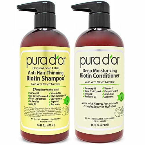 Anti-Thinning Biotin Shampoo & Deep Moisturizing Conditioner Original Gold Label Set (16oz x2) Natural Earthy Scent, CLINICALLY TESTED Effective Results, DHT Blocker Thickening, Women & Men
